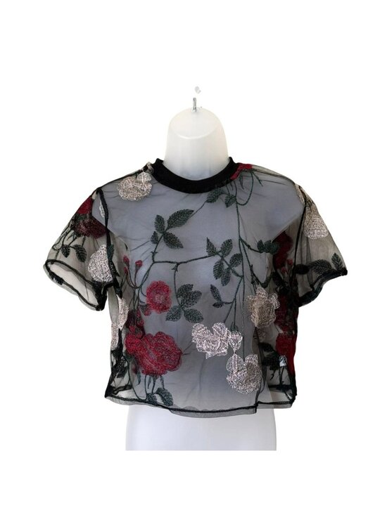 Zaful Tops - Sheer Black Floral Embroidered Short Sleeve Mesh Crop Top Size L